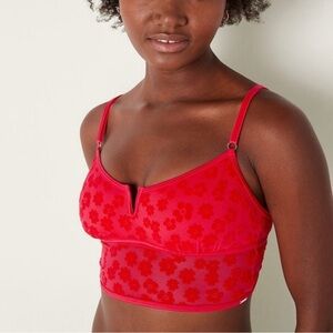 VICTORIA’S SECRET PINK red flocked floral bralette long line bra summer sz small
